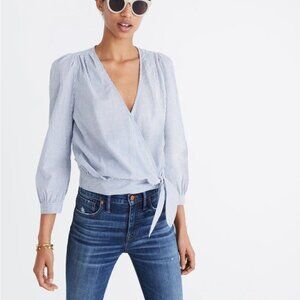 Madewell wrap top in indigo stripe NWT, size S, 3/4 sleeves
